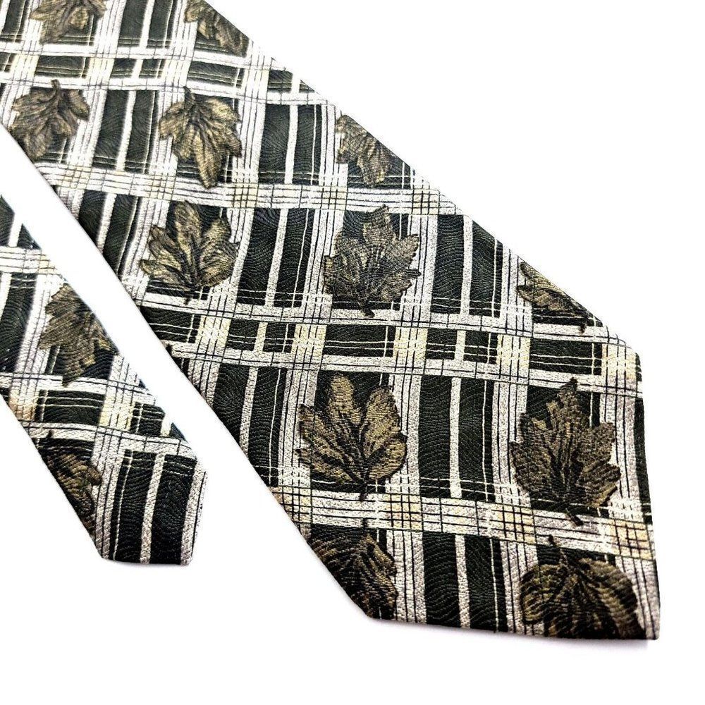 Alexander Julian Colours Green Tan Leaf Print Plaid Wide Silk Tie